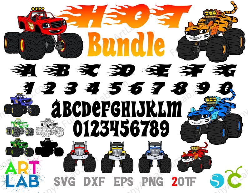 May include: A digital graphic bundle featuring cartoon monster trucks in red, orange, blue, green, and yellow. Includes the word "HOT" in orange flames, the word "Bundle", and letters and numbers.