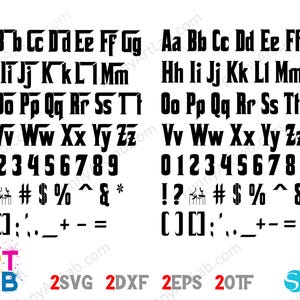 May include: Black, bold font alphabet and number set, including uppercase and lowercase letters, numbers 0-9, and symbols. The image also includes the text "ART LAB" and file type indicators such as "2SVG" and "2DXF".