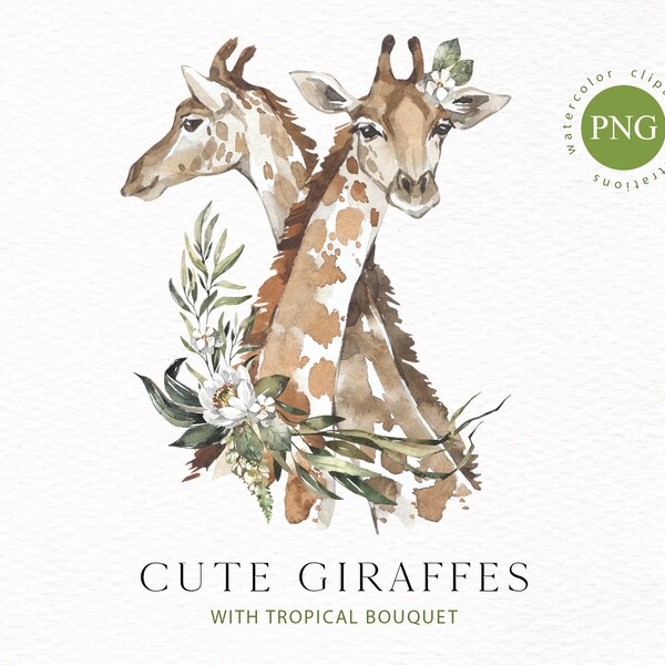 Cute Giraffes with tropical flowers printable watercolor paintings. Watercolor animals PNG. Two hugging Giraffes. African animal clipart