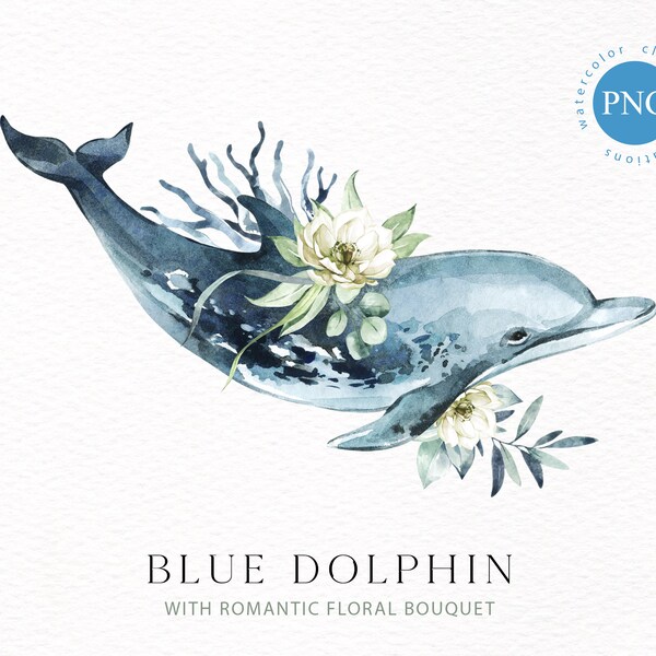 Aquarellbilder Delfin mit Blumen. DIY Clipart. Maritime Clipart. Ozean Tier Clipart PNG Sublimation. Ozean Tier Clipart PNG