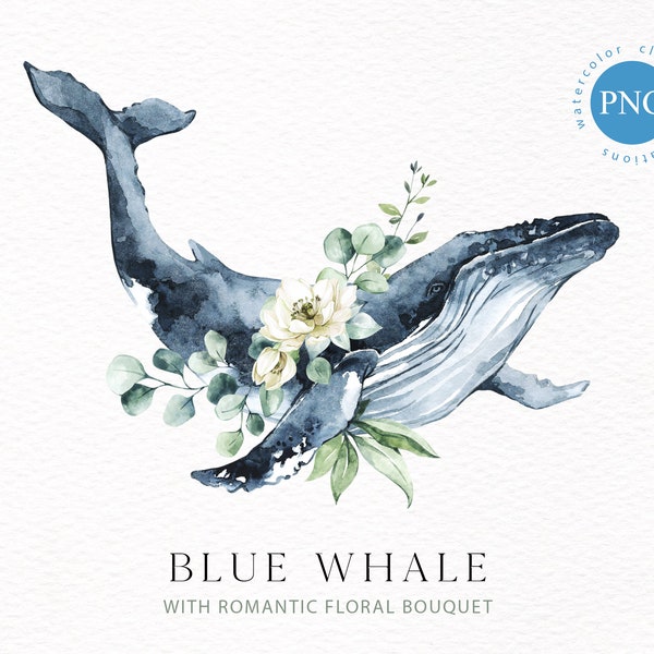 Blue Whale with flowers Watercolor clipart. DIY Nautical clipart PNG. Ocean animal clipart. Sea life clipart. Watercolor Printable wall art.