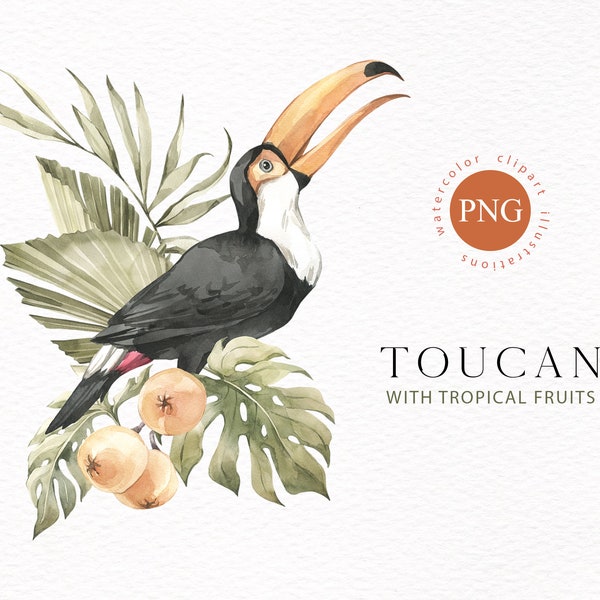 Watercolor birds clipart Exotic Toucan with tropical fruits and leaves. Nursery print. Tropical bird in palm leaves. Tropical clipart PNG