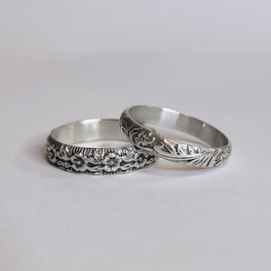 Pierścionek z motywem kwiatowym w stylu vintage, grawerowany pierścionek ze srebra próby 925, obrączka z motywem botanicznym, biżuteria inspirowana naturą, pierścionek w stylu antycznym, pierścionek zaręczynowy