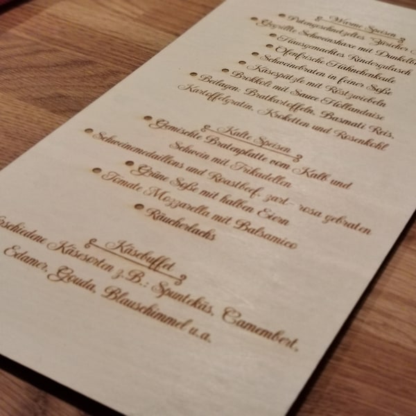 Speisekarte Holz Gravur Karte Hochzeit Geburtstag Restaurant Hotel Weihnachten Getränkekarte Drinks Nachtisch Taufe Firmenfeier Weihnachten