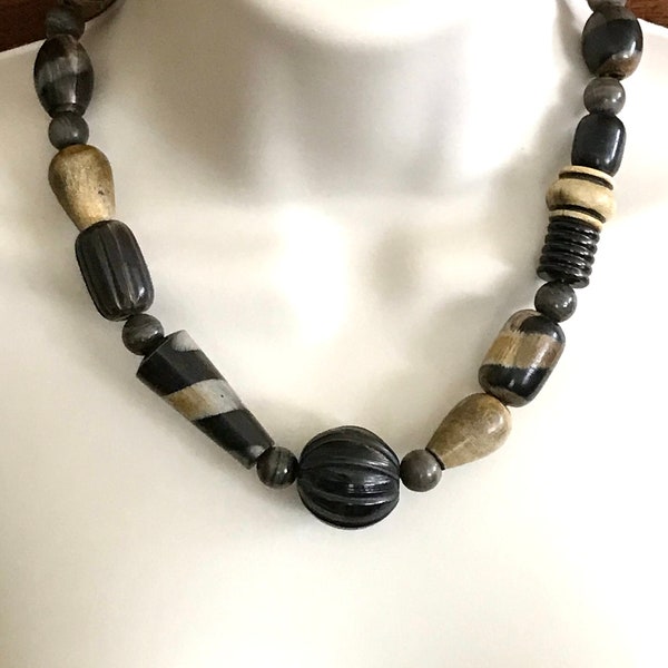 NAIROBI AFRICAN NECKLACE Buffalo Horn Beads - Recycled Handcarved Beads - Ethnic - Tribal - Light Weight - 18 to 20 1/2 Inches