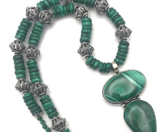 Green Necklace of Malachite Gemstones with Sterling Silver Pendant