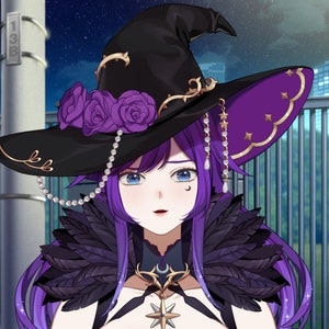 May include: A woman with purple hair and a black witch hat adorned with purple roses and a pearl necklace. She is wearing a black and purple feathered collar and a gold necklace with a crescent moon pendant.