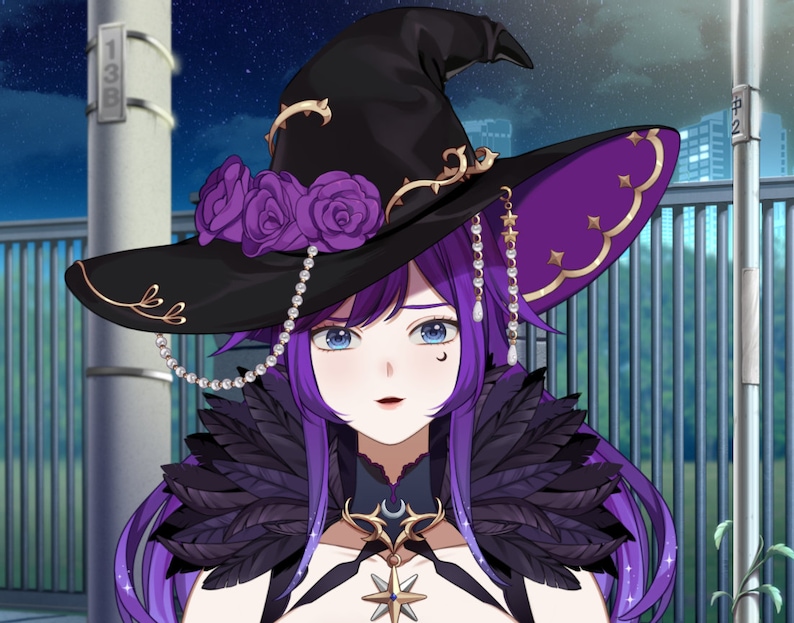 May include: A woman with purple hair and a black witch hat adorned with purple roses and a pearl necklace. She is wearing a black and purple feathered collar and a gold necklace with a crescent moon pendant.