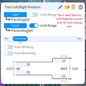 May include: A screenshot of a software interface with a slider bar and input fields for adjusting face rotation settings. The slider bar shows a range of -30 to 30, with a current value of 12. The input fields are labeled "FaceAngleX" and "ParamAngleX". There are also checkboxes for "Auto-Blinking" and "Auto-Breathing".