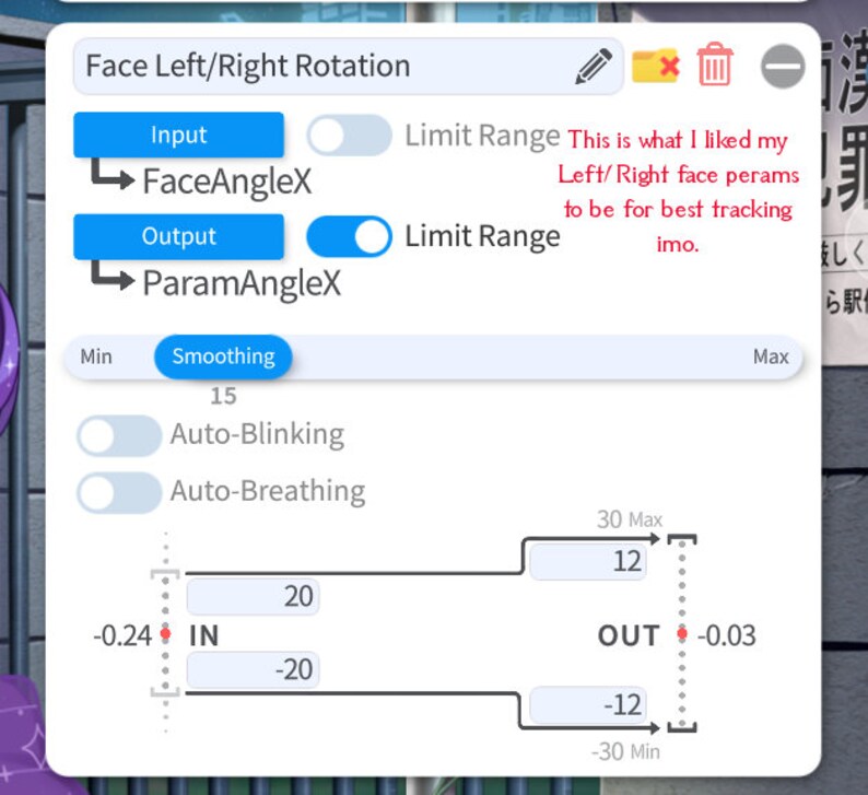 May include: A screenshot of a software interface with a slider bar and input fields for adjusting face rotation settings. The slider bar shows a range of -30 to 30, with a current value of 12. The input fields are labeled "FaceAngleX" and "ParamAngleX". There are also checkboxes for "Auto-Blinking" and "Auto-Breathing".