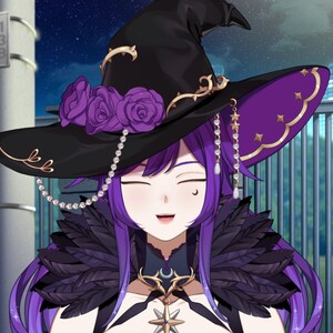 May include: A woman with purple hair and a black witch hat with purple roses and a pearl chain. She is wearing a black and purple feathered collar and a gold necklace with a crescent moon and star pendant.