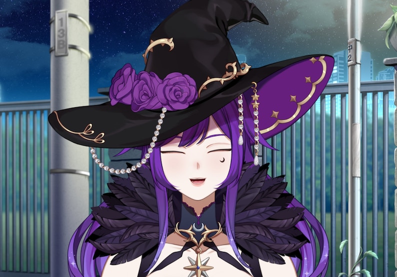 May include: A woman with purple hair and a black witch hat with purple roses and a pearl chain. She is wearing a black and purple feathered collar and a gold necklace with a crescent moon and star pendant.