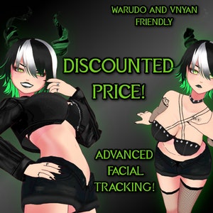 May include: Two digital illustrations of a woman with black and white hair, green horns, and green eyes. She is wearing a black leather jacket, black shorts, and fishnet stockings. The text "WARUDO AND VNYAN FRIENDLY DISCOUNTED PRICE! ADVANCED FACIAL TRACKING!" is displayed on the image.