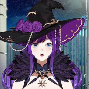 May include: A woman with purple hair and blue eyes is wearing a black witch hat with purple and gold trim. She is wearing a black and purple feathered collar and a silver necklace with a star pendant. The background is a blurry image of a city street at night.