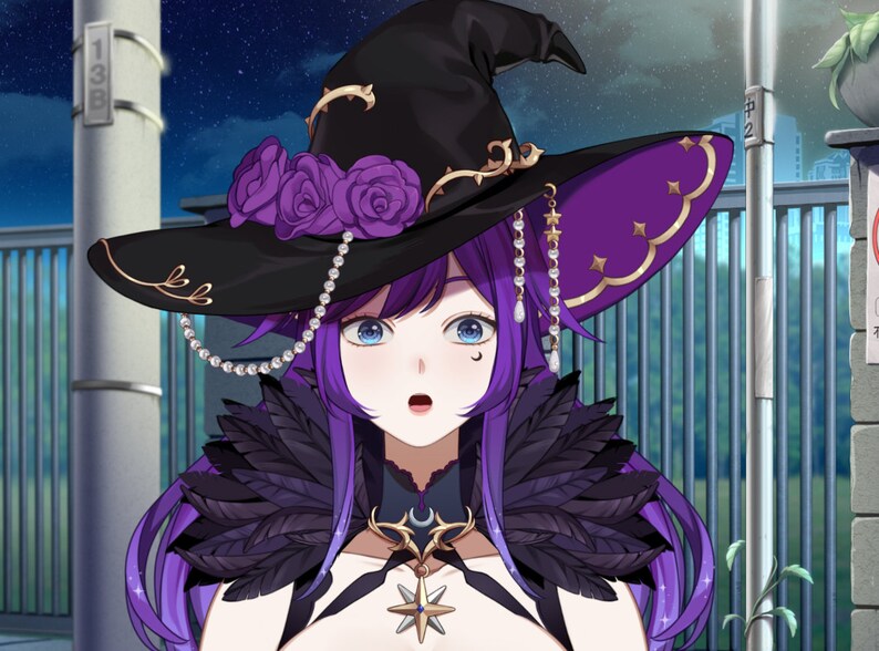 May include: A woman with purple hair and blue eyes is wearing a black witch hat with purple and gold trim. She is wearing a black and purple feathered collar and a silver necklace with a star pendant. The background is a blurry image of a city street at night.