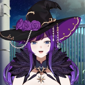 May include: A woman with purple hair and a black witch hat adorned with purple roses and a pearl chain. She is wearing a black and purple feathered cape and a gold necklace with a star pendant.