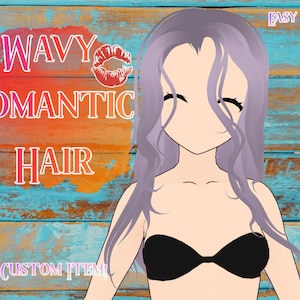 Puede incluir: Una ilustración digital de un personaje femenino con cabello largo, ondulado y morado. El personaje lleva un top de bikini negro. El texto "WAVY ROMANTIC HAIR" está en la esquina superior izquierda de la imagen. El texto "EASY IMPORT!" está en la esquina superior derecha de la imagen. El texto "VROID CUSTOM ITEM!" está en la esquina inferior izquierda de la imagen.