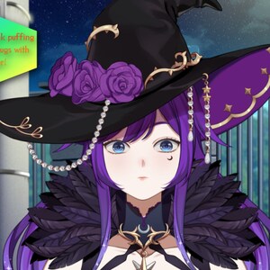 May include: A purple-haired anime character wearing a black witch hat with purple roses and gold accents. The hat has a purple brim with gold stars. The character is wearing a black and purple feathered collar and a gold necklace with a crescent moon pendant.