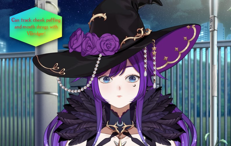 May include: A purple-haired anime character wearing a black witch hat with purple roses and gold accents. The hat has a purple brim with gold stars. The character is wearing a black and purple feathered collar and a gold necklace with a crescent moon pendant.