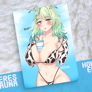 May include: A digital illustration of a woman with green hair and a cow-print bikini holding a blue and white cup with a straw. The cup says "Milk" on it. The background is a light blue sky with white clouds. The text "MUU~" is in the top left corner of the image.
