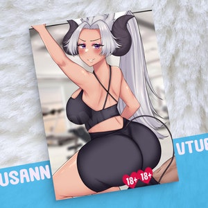 May include: A digital illustration of a woman with white hair and horns wearing a black sports bra and leggings. The image is labeled "VTUBER" and "18+ 18+" in the bottom right corner.