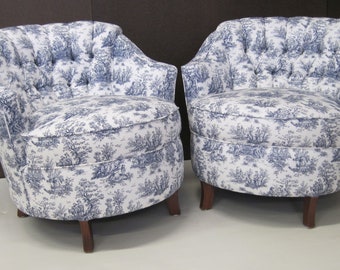 Pair of Vintage Blue and white Toile Club Chairs, Barrel chairs, French country Local pickup only