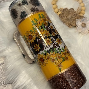 Cow Print and Sunflower Glitter Tumbler