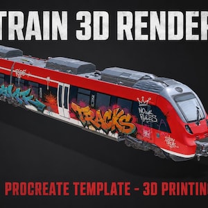 Puede incluir: Un modelo de tren de pasajeros rojo con arte de grafiti en el lateral, incluyendo la palabra TRACKS en letras naranjas y negras. El texto TRAIN 3D RENDER aparece arriba, y PROCREATE TEMPLATE - 3D PRINTING está en la parte inferior.