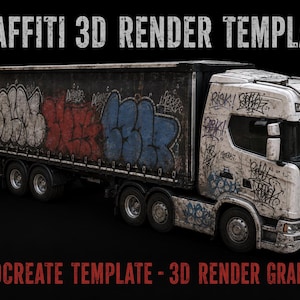 Könnte beinhalten: Eine 3D-Rendering-Vorlage eines Sattelzugs mit umfangreichen Graffiti-Kunstwerken auf dem weißen Führerhaus und dem dunklen Auflieger. Der Text GRAFFITI 3D RENDER TEMPLATE steht oben, PROCREATE TEMPLATE - 3D RENDER GRAFFITI steht unten.