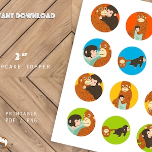 DIGITAL Punch kun Monkey and Oranmama Cupcake Toppers 2" round Instant Download Printable Children Birthday Party Baby Shower Sticker Label