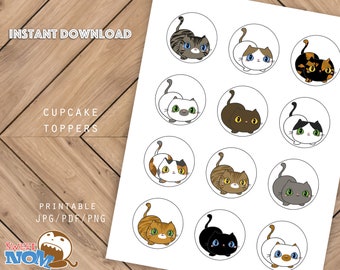 DIGITAL Cat Cupcake Toppers 2" round Instant Download Printable Birthday Party Decoration Sticker Label