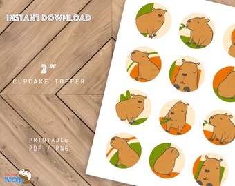 DIGITAL Capybara Cupcake Toppers 2" round Instant Download Printable Children Birthday Party Baby Shower Decoration Sticker Label