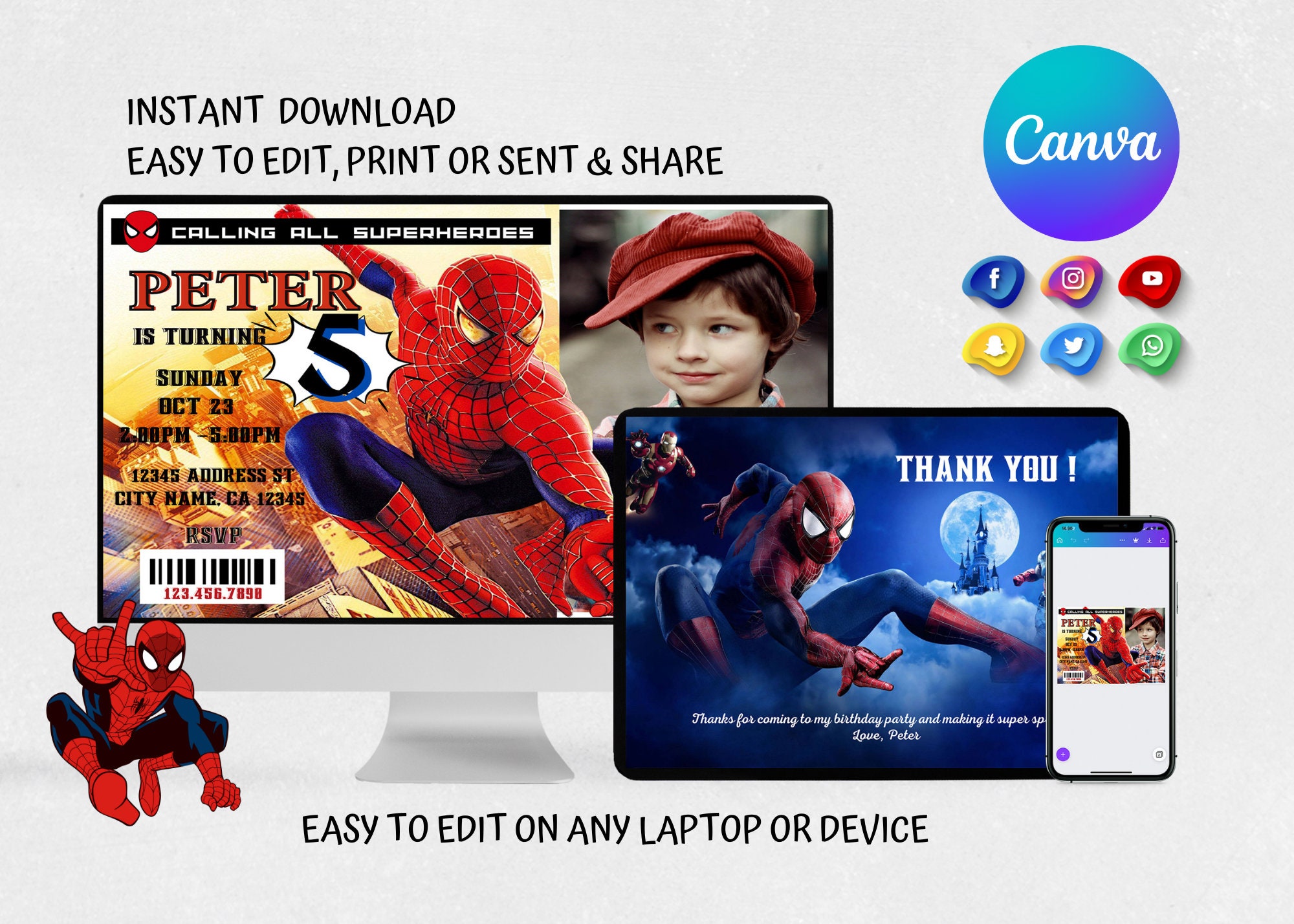 Spiderman Birthday Invitation, Superhero Invitation, Spiderman ...