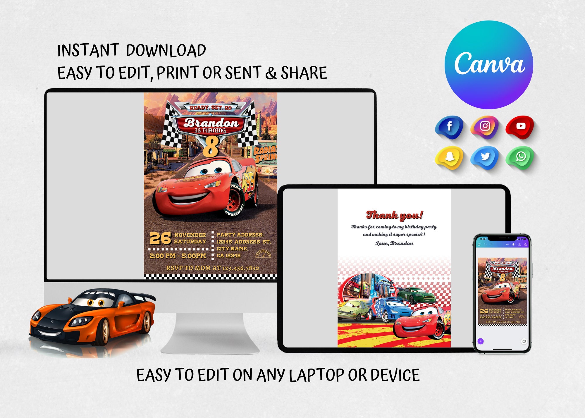 Printable Lighting Mcqueen Birthday Invitation | Cars Invitation ...