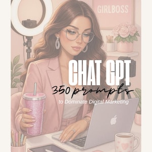 Peut inclure: Illustration d'une femme en costume rose avec des lunettes, travaillant sur un ordinateur portable. L'image comprend le texte "CHAT GPT 350 prompts to Dominate Digital Marketing" et un panneau "GIRLBOSS".