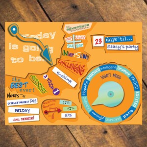 May include: A yellow and orange motivational poster with the text "Today is going to be the best ever!" and a circular gauge with the text "Today's Mood" and options like "Hopeful", "Annoyed", "Intelligent", "Grumpy", "Proud", "Excited", "Optimistic", "Sarcastic", "Tired", "Awful".