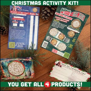 May include: A Christmas activity kit featuring a Naughty or Nice chart, a sheet of audio QR code gift tags from Santa, an emergency message card from the North Pole with a QR code, and a North Pole satisfaction card with checkboxes and text.