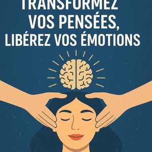 Peut inclure: Une femme les yeux fermés reçoit un massage de la tête. Deux mains touchent doucement ses tempes. Au-dessus de sa tête se trouve un cerveau jaune avec des rayons de lumière qui en émanent. Le texte "ACCÈS BARS" est en jaune en haut de l'image. Le texte "TRANSFORMEZ VOS PENSÉES, LIBÉREZ VOS ÉMOTIONS" est en blanc sous le cerveau. Le texte "Libérez-vous des blocages et des tensions" est en blanc sous la femme. Le texte "L.B" est en blanc en bas de l'image.