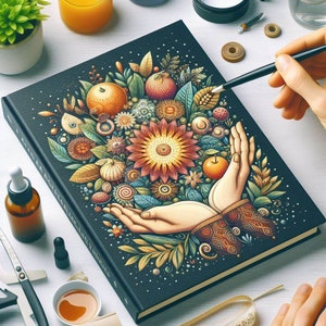 Puede incluir: Un diario de tapa dura negro con una ilustración colorida de un ramo de flores, frutas y hojas. Las flores son en tonos de rojo, naranja, amarillo y rosa. Las frutas son manzanas rojas y cítricos naranjas. Las hojas son verdes y marrones. Dos manos sostienen el ramo. El título del diario es "An Atlas of Curious and Wonderful Things."