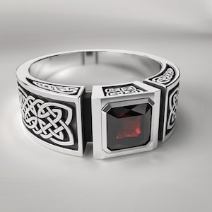 Celtic Garnet & OnixMen's Ring: Handmade Sterling Silver Viking Jewelry