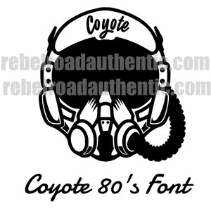 May include: Black and white illustration of a pilot's helmet with a stylized font that says "Coyote" on the top. The text "Coyote 80's Font" is below the helmet.