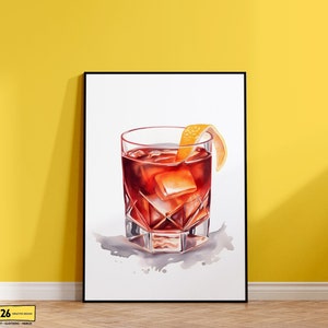 Sazerac Cocktail Digitaldruck, druckbare Wandkunst, Bart Cart Art, Aquarell Kunstwerk, Whisky Poster, sofortiger Download, Küchendekoration