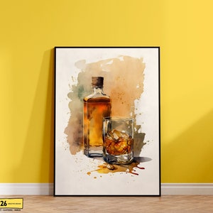 Whiskey Glass and Bottle Digital Print, Whisky Poster, Printable Wall Art, Instant Download, Bar Cart Art, Modern Minimalist Home Decor