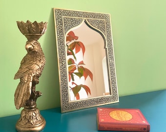 Handmade Moroccan Brass Arch Mirror: Engraved Bohemian Wall Decor