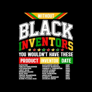 May include: A black graphic design with the text "Without Black Inventors You Wouldn't Have These." The design lists inventions and inventors, such as the elevator and light bulb. The colour scheme includes red, yellow, green, and white.