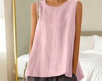 Dames Oversized katoen/linnen mouwloos ronde hals zomer casual effen kleur ademend tanktop