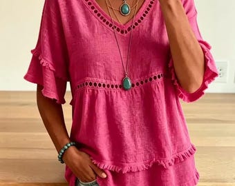 Dameskatoen/linnen blouse met V-hals, holle casual zomertop met ruches