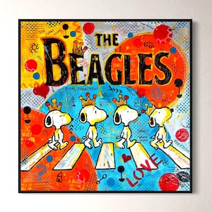 Beagles Urlaub Lustiger Hund Wandkunst Weihnachtsgeschenk - Die Beatles inspirierter Welpen Print Pop Art Stil für Kinderzimmer, Kinderzimmer und Hundeliebhaber