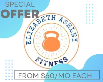 Op de afbeelding: Een blauwe en witte afbeelding met de tekst "SPECIAL OFFER" en "ELIZABETH ASHLEY FITNESS" in een cirkel met een kettlebell erin. De tekst "FROM €60/MO EACH" staat onderaan de afbeelding.