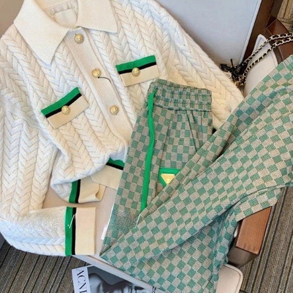 GETADME Korean 2 Piece Sets for Women Clothes Roupas Femme Jacket Cardigan Coat Plaid Wide Leg Pants Outfits Loose Casual Fashion Suit